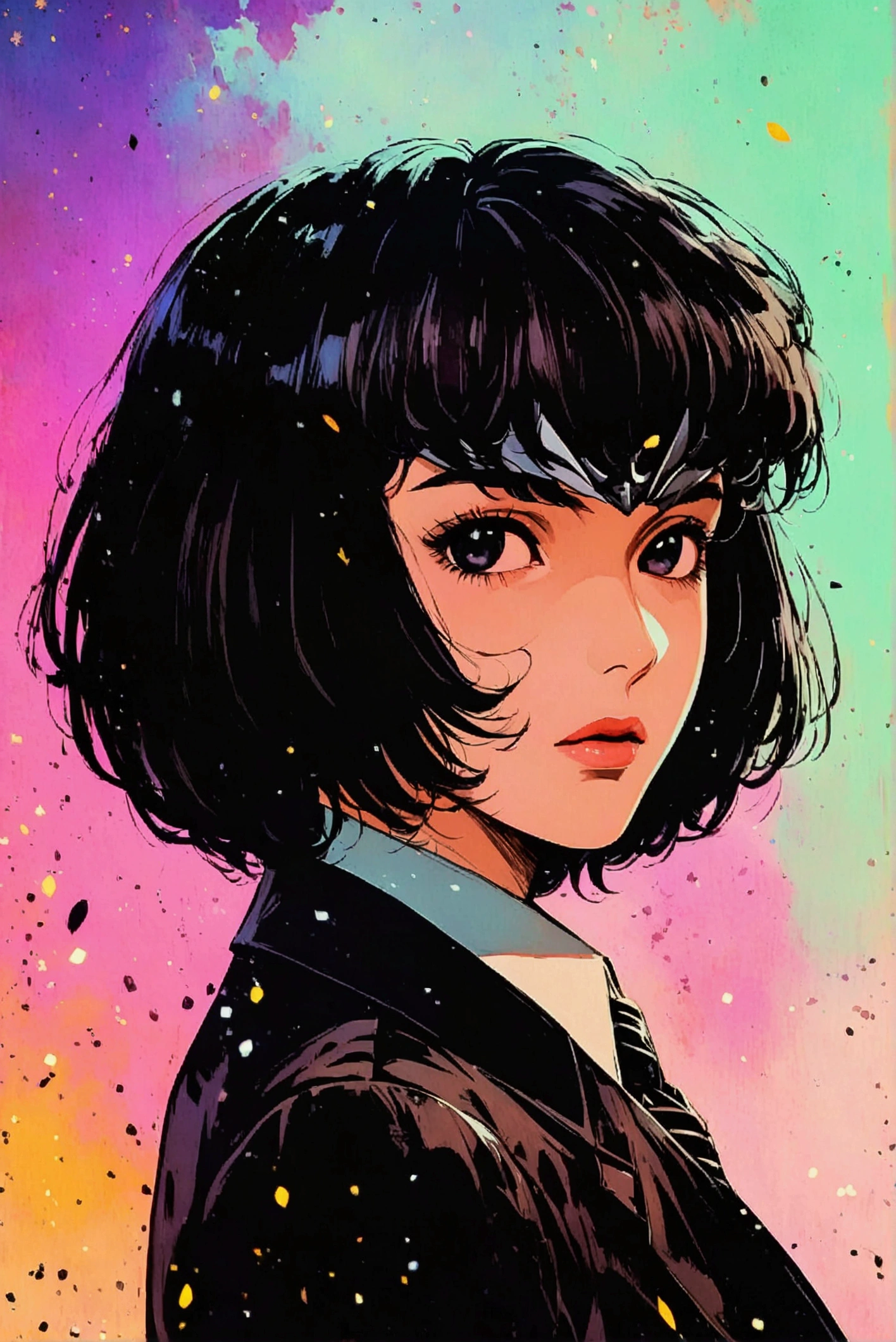 Create an anime character in a detailed 1980s anime art style, with a realistic and slightly grainy texture. The character is wearing a sharp, dark suit with a classic tie, giving an air of mystery and sophistication. Their face is covered with a blank, expressionless mask, giving a haunting yet refined look. Use muted colors, with shadowed, dramatic lighting to enhance the dark and realistic aesthetic typical of 1980s anime. Add subtle grain and texture to capture the retro feel, along with slight wear on the edges to enhance the nostalgic effect.