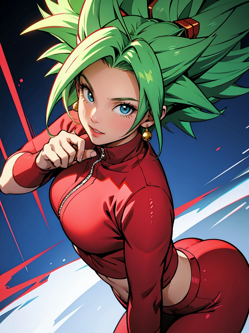  anime girl with green hair and a red jacket posing for a photo, saiyan girl, badass anime 8 k, fighting game character, 4k anime style,  striking manga art style , Artgerm 4K,  anime-style anime character , badass pose, official art, Arte HD, official artwork,  high quality anime art style , female anime character,  red clothes , red leggings, badass facial expression 
