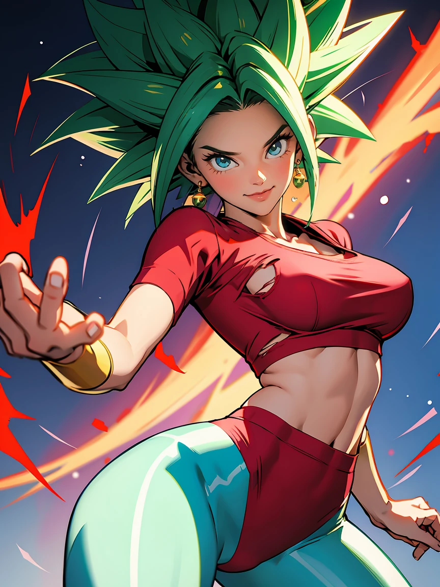 xyzkefla, super_Saiyajin, green_Hair, green_eyes, 1 , Nailed _Hair, Energy, torn_clothes, happiness, aura, leggings, red clothes, dramatic, striptease,  provocative position, [cliff,  Looking at the viewer , (( perfect hand )), flying
