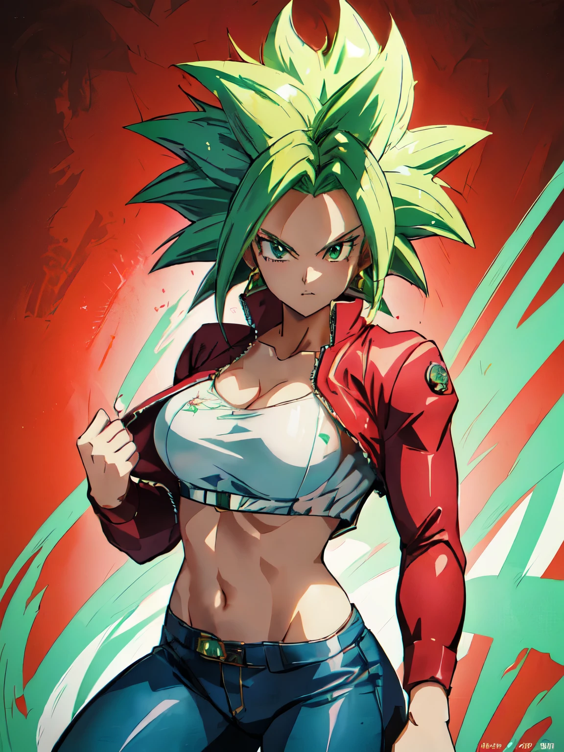  anime girl with green hair and a red jacket posing for a photo, saiyan girl, badass anime 8 k, fighting game character, 4k anime style,  striking manga art style , Artgerm 4K,  anime-style anime character , badass pose, official art, Arte HD, official artwork,  high quality anime art style , female anime character, thousand