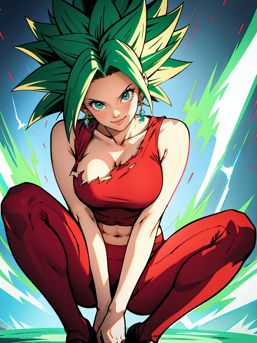 xyzkefla, super_Saiyajin, green_Hair, green_eyes, 1 , Nailed _Hair, Energy, torn_clothes, happiness, aura, leggings, red clothes, dramatic, striptease,  provocative position, [cliff,  Looking at the viewer , (( perfect hand )), flying
