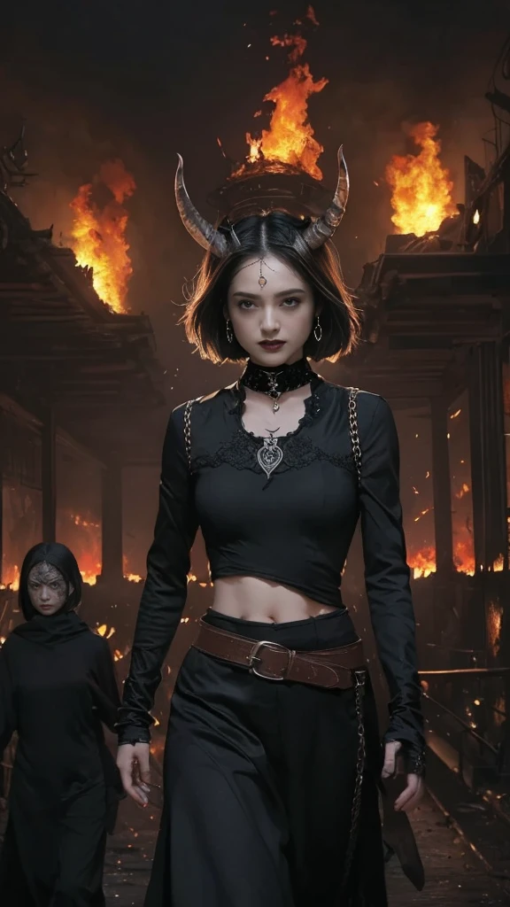  high definition,  anatomically correct ,  Ultra High Definition,  textured skin around the chest, woman、(( black belly short hair parted to the center)), (( with black horns growing on the head 、)),  big breasts at the temple、((( the composition of the moment fire emits magic in a fantasy world))), Muscular、(( The background is a cityscape engulfed in flames )), (Walking towards me), (The devil's costume is dark all over ), ((( gothic makeup ))),