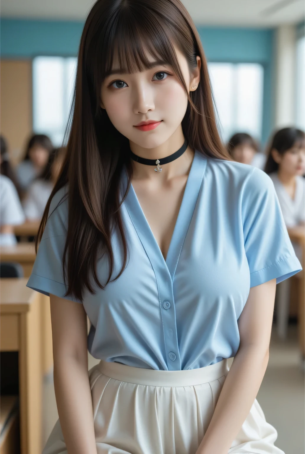 Best Quality、masterpiece、Group photo、( Light blue blouse ), big breasts at the temple, (( Layered Haircuts )),(8k,Best Quality), full body shot ,Shooting from a medium distance,School クラスルーム,student,Full body images、 Adorable, smile, Long brown hair, 32K, masterpiece, Highest quality, ultra high resolution,Perfect hands, black choker、 blue eyes 、bangs、Very rich and long lashes、 School、 Summer clothes、((Big Breasts))