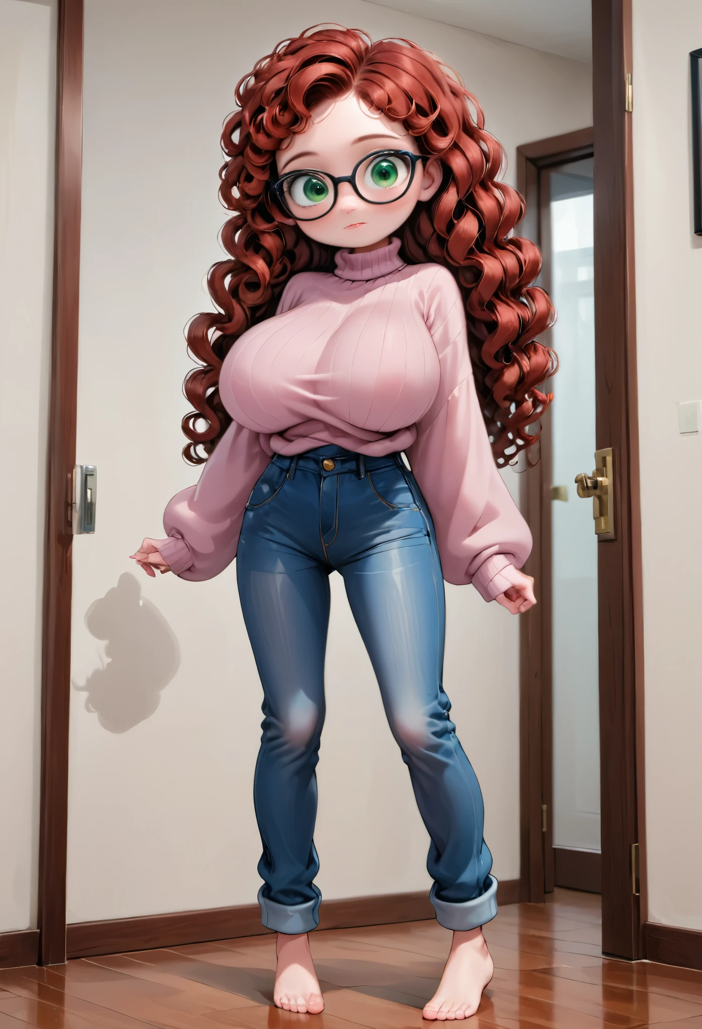 Young girl, young, full body, (solo 0.6), red curly hair, very long hair, green eyes, slender body, thin waist, colossal breasts, indoors, black glasses, pink turtleneck sweater, denim jeans, oversized sweater, opening door, (disney pixar style 0.7)