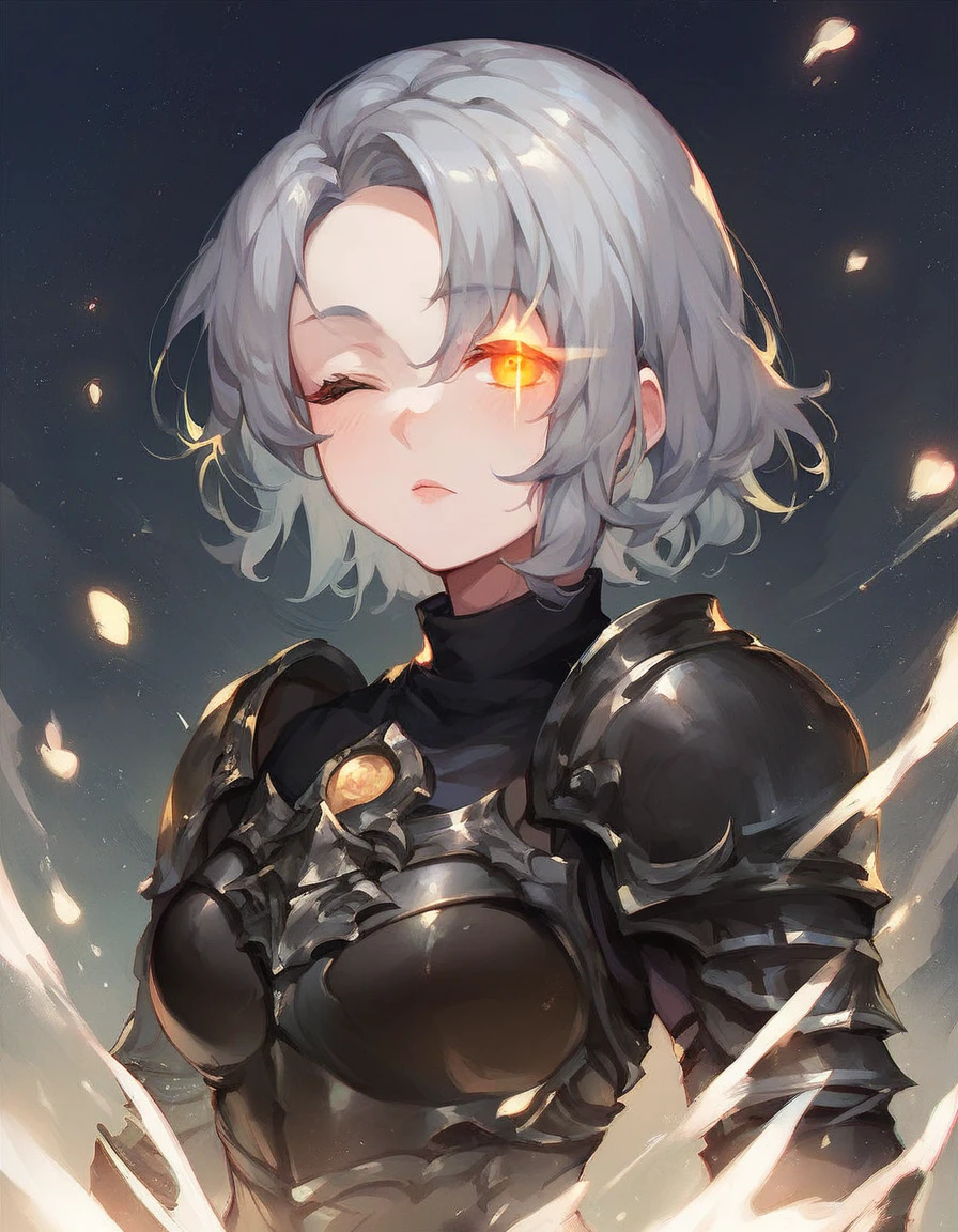 black souls style, girl,grey hair,armor,closed one eye,big chest,glowing eye,