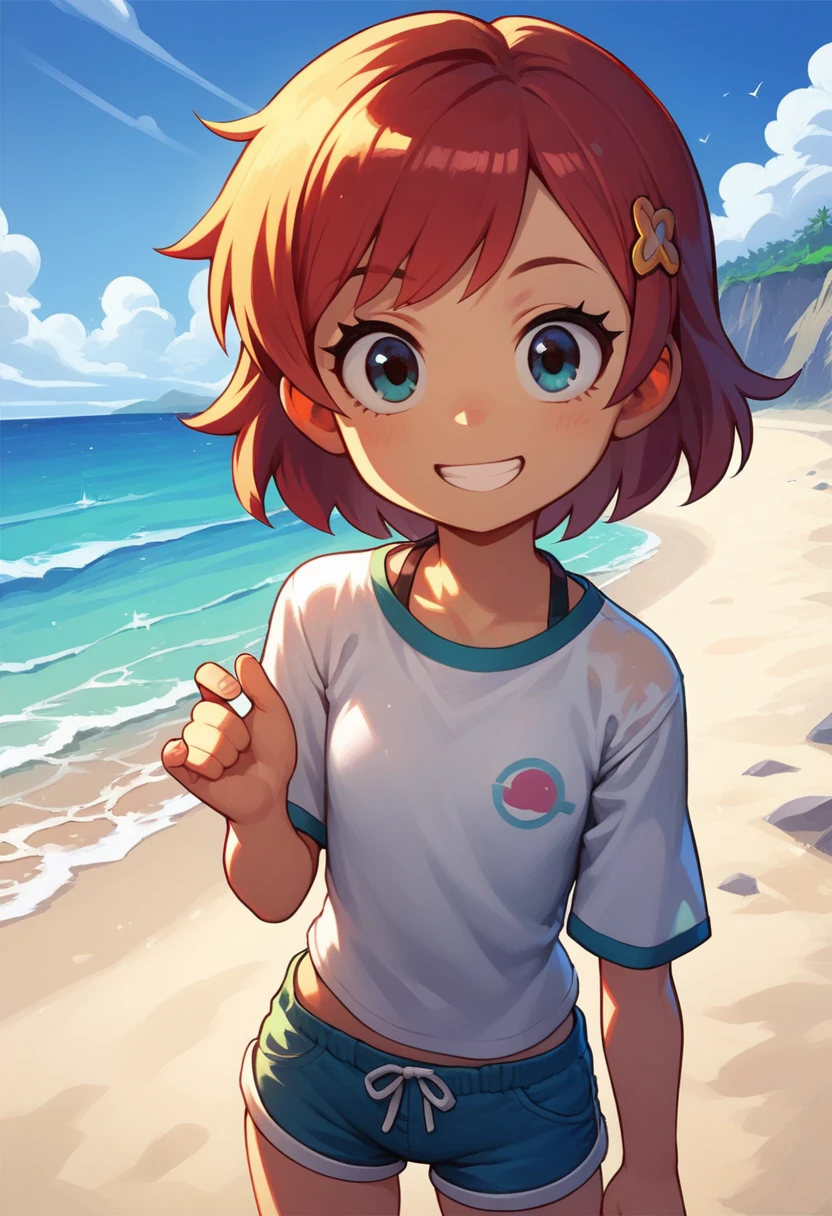 Anne Boonchuy, ((1girl)), ((((short)))), (short torso), beach, shirt, shorts, ((score_9)), looking at viewer, smiling, anime