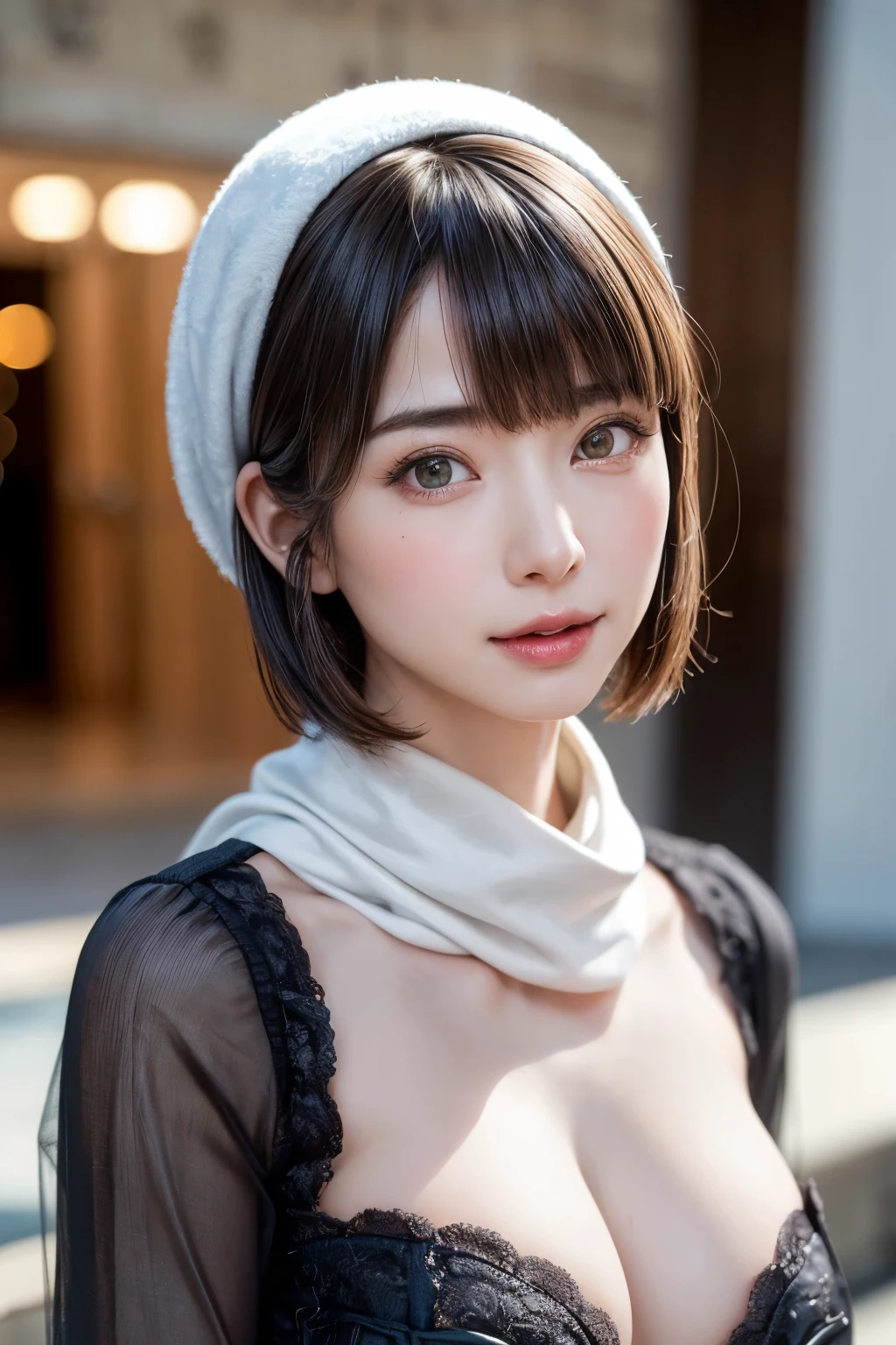 (masterpiece, top-quality),1girl in, 独奏, A dark-haired, scarf, Hats, realisitic, realisitic, looking at the viewers, black eyes of light color, Brunette Short Bob Hair, Brown coat, Winter clothes, White headscarf, s lips, bangss, plein air, a closed mouth, The upper part of the body、big eye、Lashes、((Beautiful landscape of sparkling snow))、(((Short bob hair with bangs、Lustrous hair、big eye、large full breasts、gazing at viewer、Beautiful beauty、Put your ears out、long neck、little smiling、Close your mouth and smile、ideal ratio body proportions)))、