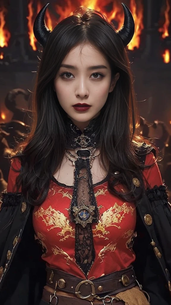  high definition,  anatomically correct ,  Ultra High Definition,  textured skin around the chest, woman、((Center-parted black wavy hair)), (( with black horns growing on the head 、)),  big breasts at the temple、((( the composition of the moment fire emits magic in a fantasy world))), Muscular、((The background is a demon world engulfed in blazing flames)), (Walking towards me), (The devil's costume is dark all over ), ((( gothic makeup ))),