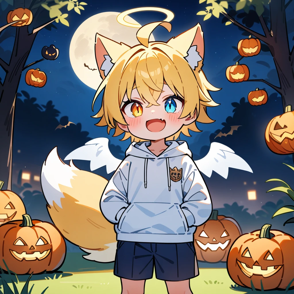 （masterpiece：1.2，high quality），8k，High resolution，A seven-year-old boy，cute boy， blonde hair，short hair，crossed bangs， Heterochromia，slit pupils， ahoge，cat ears，halo on the head，（halo），laughing，skin fang，There are white angel wings behind，Wearing a white hoodie，Dark blue shorts，Standing outdoors，Flowering tree branches.，primary school student，thigh，fox tail，alone，((Put your hands in your pockets))，night，Full Moon， with pumpkin lanterns on the ground，There are black bats in the sky ，grassland