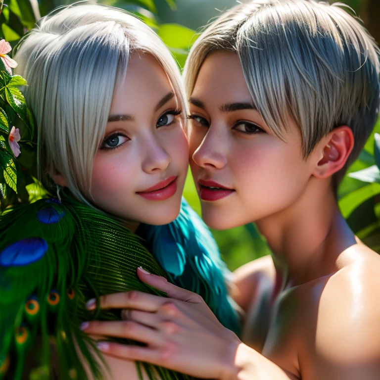  Cool photo portrait of 2 мальчика  , Soft light, Bright daylight, 2 beautiful  , Cute ,   photorealistic boys    , RAW photo,   natural skin texture  ,   Realistic eye and face details  ,  blush ,   increased sexuality, mysterious smile,   Rainforest Background, , a beautiful bright peacock next to the boy , superrealism, super high res, 4K,   high quality , masterpiece,  Glossy erotic magazine ,   big bulge, random erotic pose  ,    one boy's brown silky hair   ,    and another boy's fluttering white and silver hair , shiny skin, thin thighs,   abstract colorful background of bright tropical flowers around  , the peacock spirit of beautiful young 2 boys of the same age, embrace, detailed face .