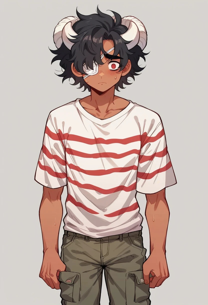 ,  tanned, fit. Black hair, wavy hair, bushy hair, white horns, curled horns, red iris, soft eyes, bushy eyebrows, thick body, broad build, sad expression. , messy hair, eyepatch over right eye, cowboy shot, cargo pants, oversized shirt, tiger-like stripes on forearms