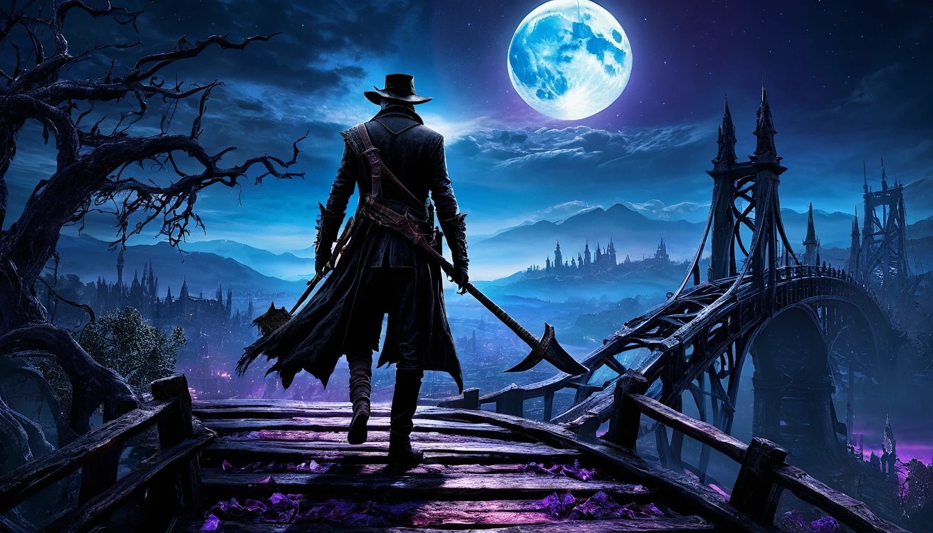  a bloodborne like hunter , Black clothing、Leather、Has an axe, break, background、bridge、blue-purple sky 、 huge moon in the sky、cosmic world、 Dark Fantasy Art ,  Best Quality ,  Wide Shots   , Ultra Wide Angle, masterpiece, 