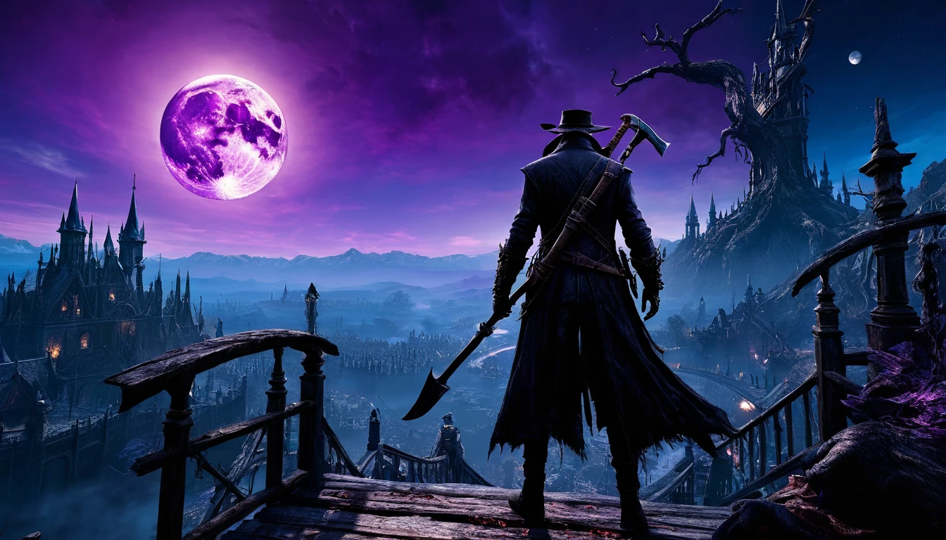  a bloodborne like hunter , Black clothing、Leather、Has an axe, break, background、bridge、blue-purple sky 、 huge moon in the sky、cosmic world、 Dark Fantasy Art ,  Best Quality ,  Wide Shots   , Ultra Wide Angle, masterpiece, 