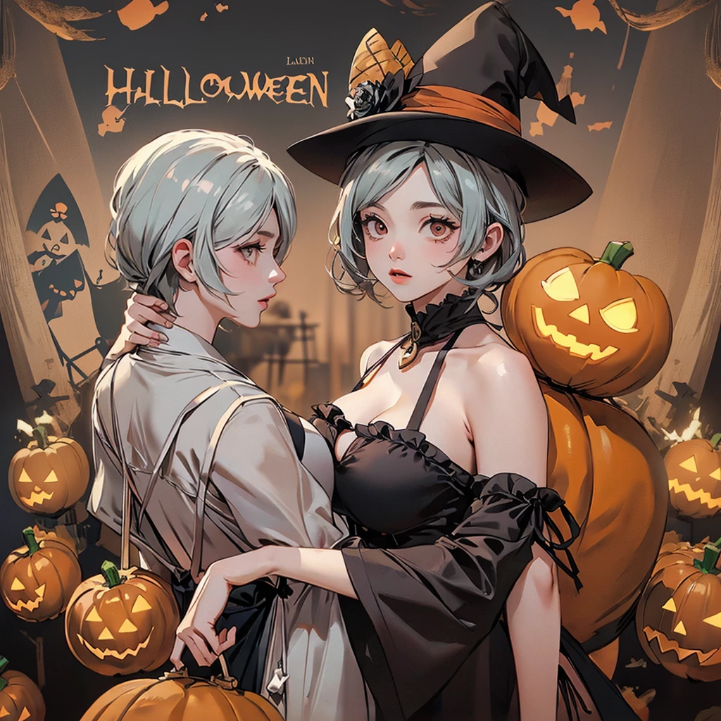 (( Top quality , Masutepiece, Superior image quality, 8K)), ((perfect body, hermoso rostro, Busto realista de tamaño medio,  big butt)), (((Ilustraciones de colores coloridos,  movie poster  ,  La ilustración tiene letras grandes  "Feliz Halloween":1.3))),   Against the background of monsters and cute ghosts, good : vampire, Frankenstein's, mummy, jack-o'-lantern, White ghost, skeletal, A magician, devil necrófago , Kobold, knight, Zombie, owl, devil, Werewolf, Y la Parca. They are happily reunited , Backlight, (They are all men)