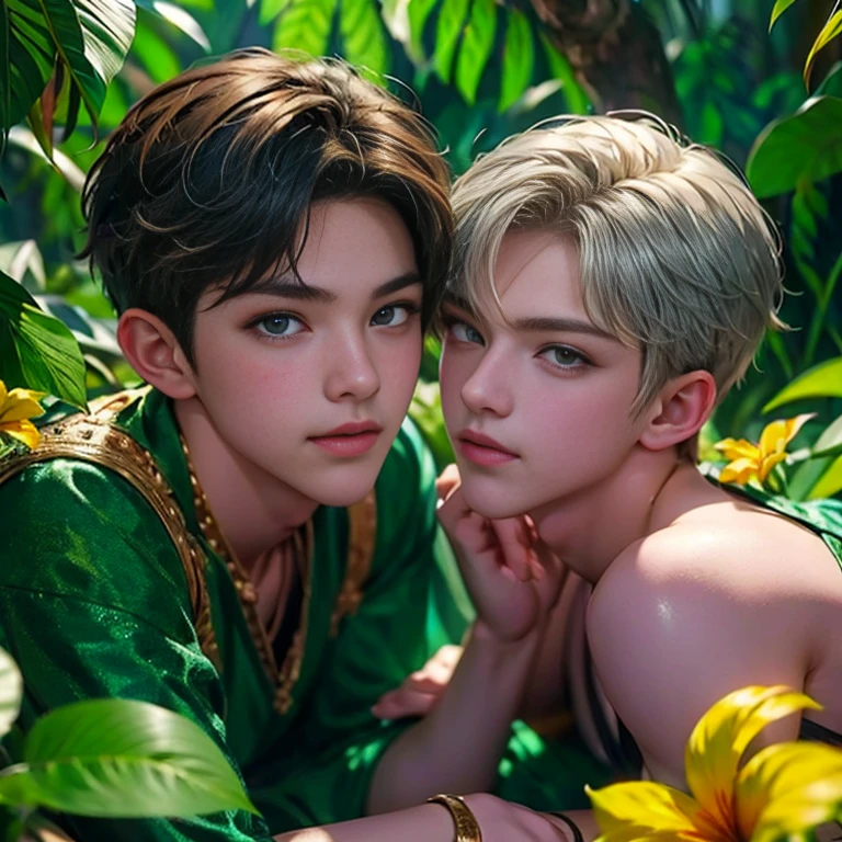  Cool photo portrait of 2 мальчика  , Soft light, Bright daylight, 2 beautiful  , Cute ,   photorealistic boys    , RAW photo,   natural skin texture  ,   Realistic eye and face details  ,  blush ,   increased sexuality, mysterious smile,   Rainforest Background, , a beautiful bright peacock next to the boy , superrealism, super high res, 4K,   high quality , masterpiece,  Glossy erotic magazine ,   big bulge, random erotic pose  ,    one boy's brown silky hair   ,    and another boy's fluttering white and silver hair , shiny skin, thin thighs,   abstract colorful background of bright tropical flowers around  , the peacock spirit of beautiful young 2 boys of the same age, embrace, detailed face .