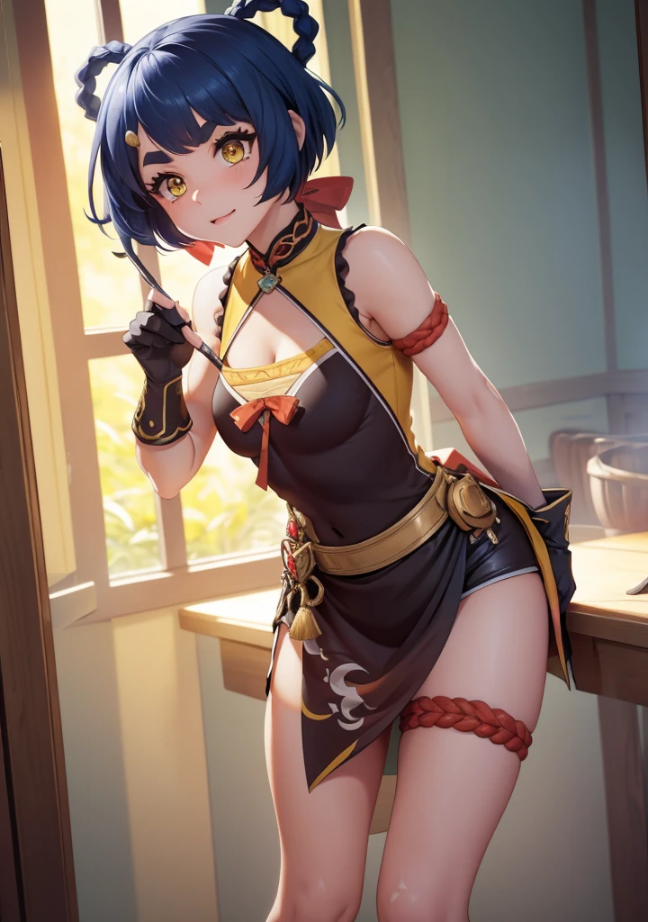 xiangling \(genshin impact\),1girl,blue hair,short hair,thick eyebrows,hairpin,hair rings,braid,yellow eyes,(Beautiful,Medium breasts:1.5),BREAK,1girl,alone,Standing in the garden,full body,full figure,BREAK,Garden,BREAK,bow,glove,Chinese clothing,sleeveless,bare shoulders,pelvic curtain,belt,BREAK,official art,extremely detailed 8k unity CG wallpaper,perfect lighting,Colorful,(best_quality:1.0),ultra high resolution,4K,ultra detailed,8K,HDR,high resolution,absurdities:1.2,film grain,blurred background,(vibrant_color:1.2),(beautiful_face:1.2),(narrow_waist),BREAK,medium:oil painting,atmospheric lighting,dreamy color palette,detailed interior decoration,calm and peaceful environment,BREAK, (best quality, 4k, 8k, high resolution, masterpiece: 1.2), ultra detailed,