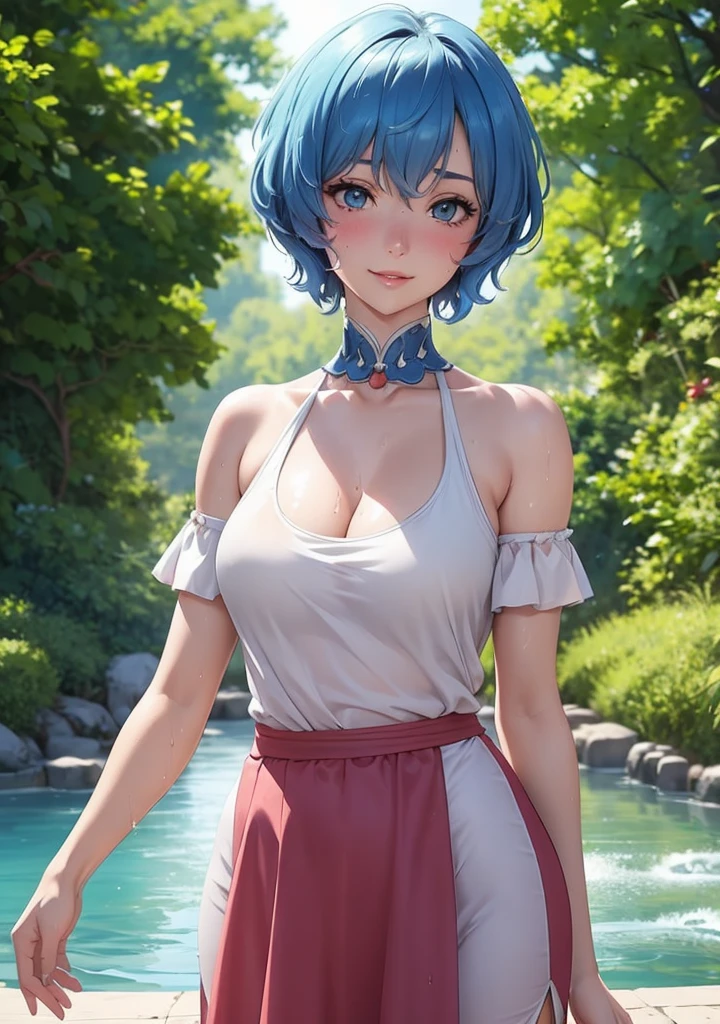 realistic, ganyu, short hair, open lips, blush, make up, light smile, blue hair, sports, skirt, wet clothes, light, thighs, blue eyes, bare shoulders, collarbone, narrow waist, sunshine, sunshine, rose, wind, cleavage, (masterpiece), sweat,