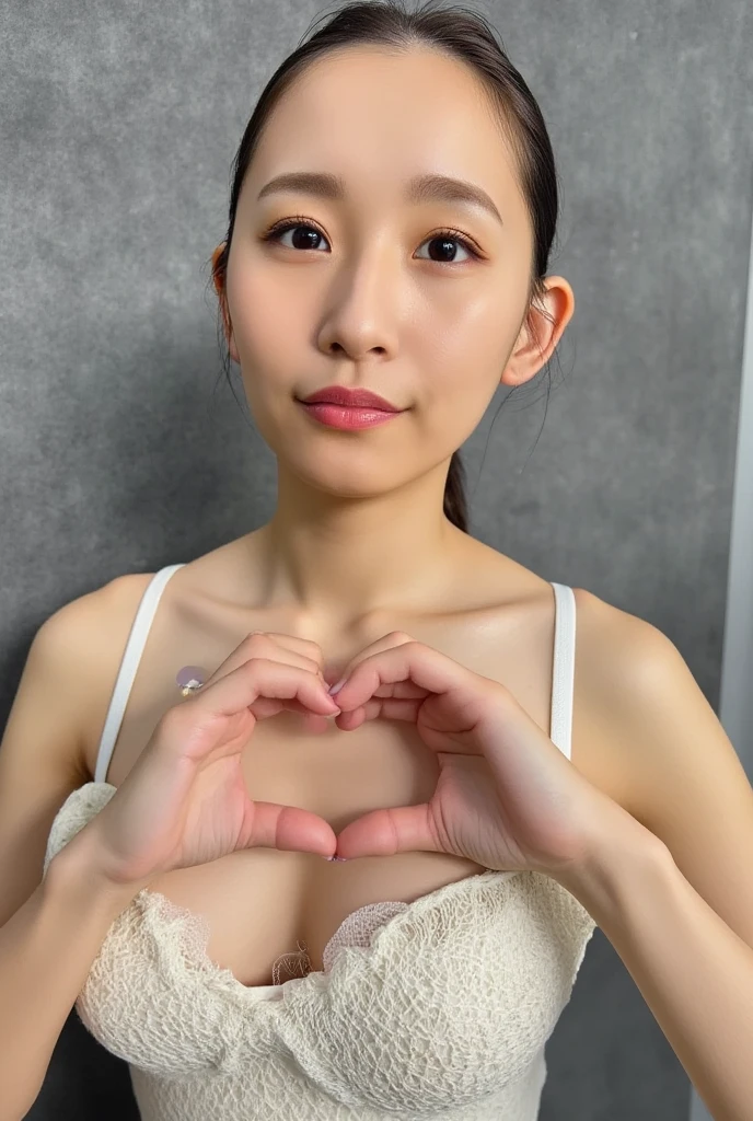 She is in a pose wearing a sexy camisole, making a firm big heart shape with both hands, and holding it in front of her chest, Cute smile up、Monotone background

