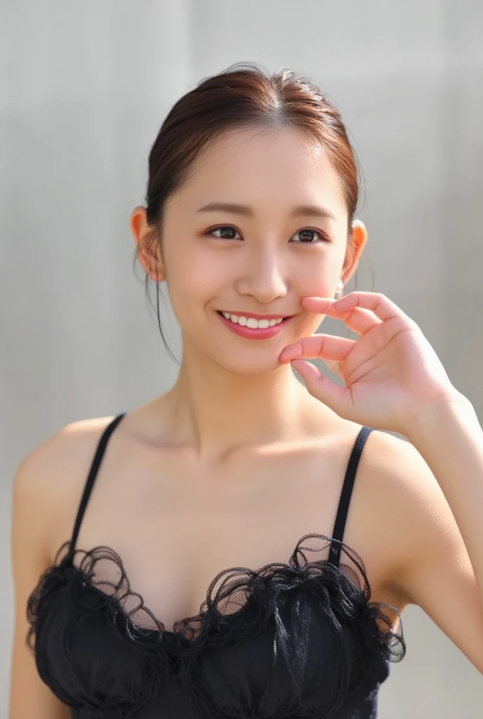 She is in a pose wearing a sexy camisole, making a firm big heart shape with both hands, and holding it in front of her chest, Cute smile up、Monotone background

