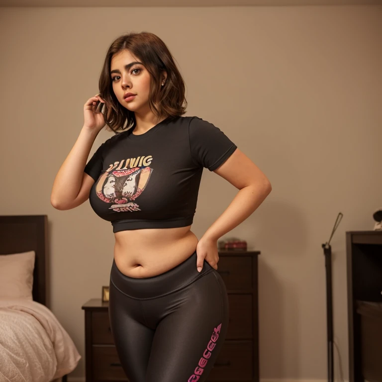 ((masterpiece, best quality)), Curvy Latina in black band logo shirt and pink cotton panties, in apartment overlooking the city, photo realistic, intricate details
