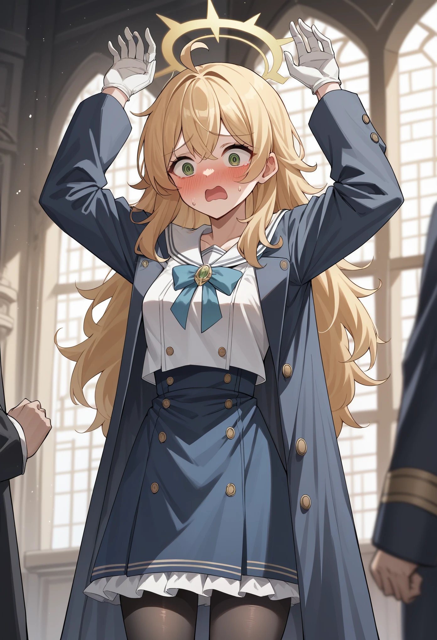 1girl, halo, long hair, messy hair, sidelocks, blonde hair, serafuku, ribbon, brooch, coat, frills, hat, gloves, pantyhose, green eyes, surprised, arms up, hands up, embarrassed, blushing, @_@, indoors, mansion, cowboy shot score_9, score_8_up, score_7_up, score_6_up, score_5_up, score_4_up, BREAK source_anime, masterpiece