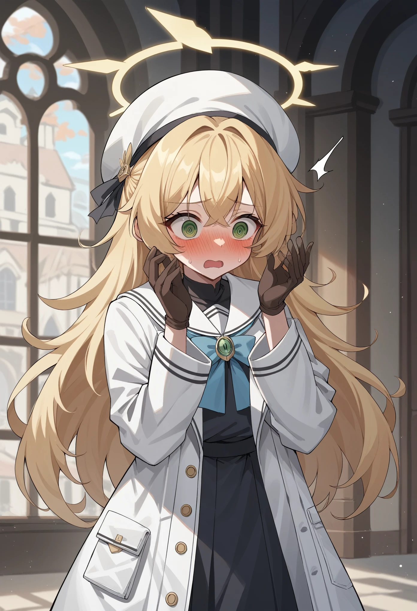 1girl, halo, long hair, messy hair, sidelocks, blonde hair, serafuku, ribbon, brooch, coat, frills, hat, gloves, pantyhose, green eyes, surprised, arms up, hands up, embarrassed, blushing, @_@, indoors, mansion, cowboy shot score_9, score_8_up, score_7_up, score_6_up, score_5_up, score_4_up, BREAK source_anime, masterpiece