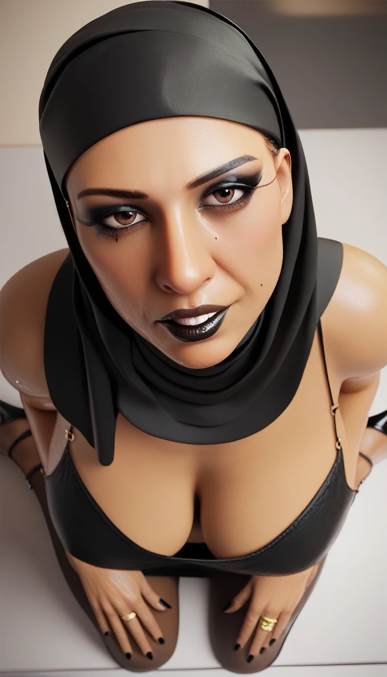 masterpiece, highest quality, highest resolution, distinct_image, detailed details) , 1 girl  , milf's , 40's , ( large breasts  and large hips ), (attractive body, attractive face and attractive expressions and attractive eyes and attractive lips and attractive wrinkles )   , ( soft hair and soft skin  )  , one black mole on left eye , soft lips , black eyeshadow ,  black makeup , Egyptian eyeliner , brown eyes  ,  black lips , black fingernails , attractive women    ,  attractive girl , big bright eyes    , gold ring , ring   , on plane , Egyptian woman  , attractive black hijab , hijab  , female stewardess clothes ,  attractive black heels, attractive white teeth , blacked skinned ,  pov  , looking at the viewer ,  disgusting and disappointed facial expressions  , sweating body , wet body , hot breath   , cold facial expressions  , full body ,