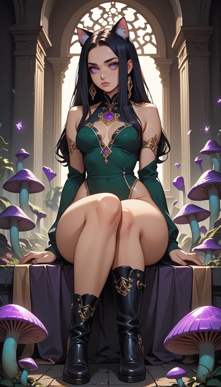 A woman in a black and green swimsuit, who sits on a throne, Mighty, sharp, Female protagonist, Große breasts, breasts,