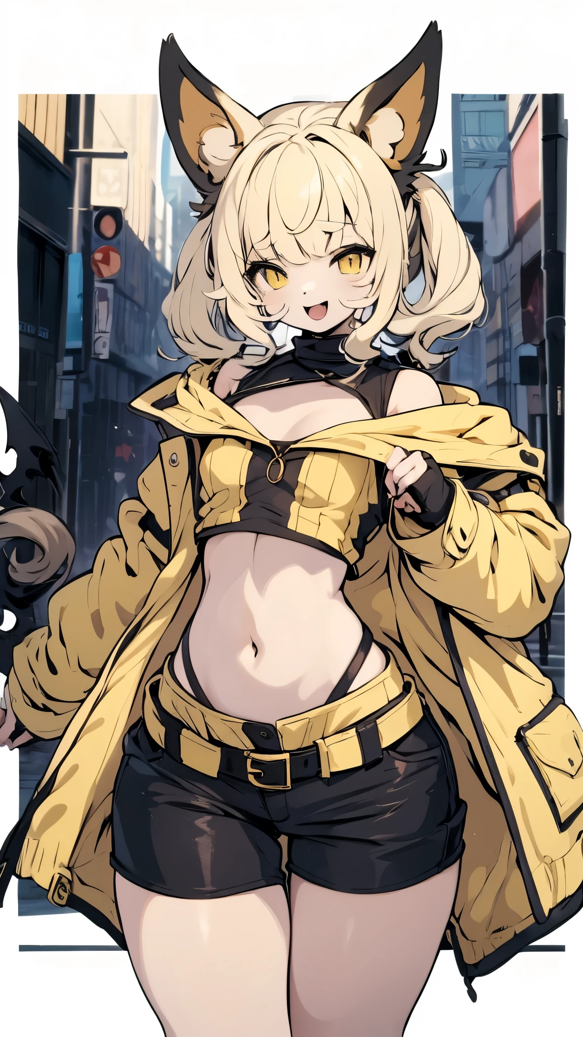 Female little devil laugh ，laugh at， Anime Avatar Style Composition， Closeup Above Waist，Yellow Hair，Yellow Hair，Yellow Hair，Yellow Dog Ears ， Yellow Dog Ears ， Dog Ears Folded Ears ，Dog Girl， Idol Style ，Colorful coat，Colorful coat，Black leather shorts，Black Hot Pants ，Punk style，Wasteland style，Ragged background，Ruins Background，Navel，Off-shoulder dress， Thickened Thighs，Thin waist and wide hips，****，boy，femboy，Flat chest，Flat chest，Male Body ，femboy，femboy