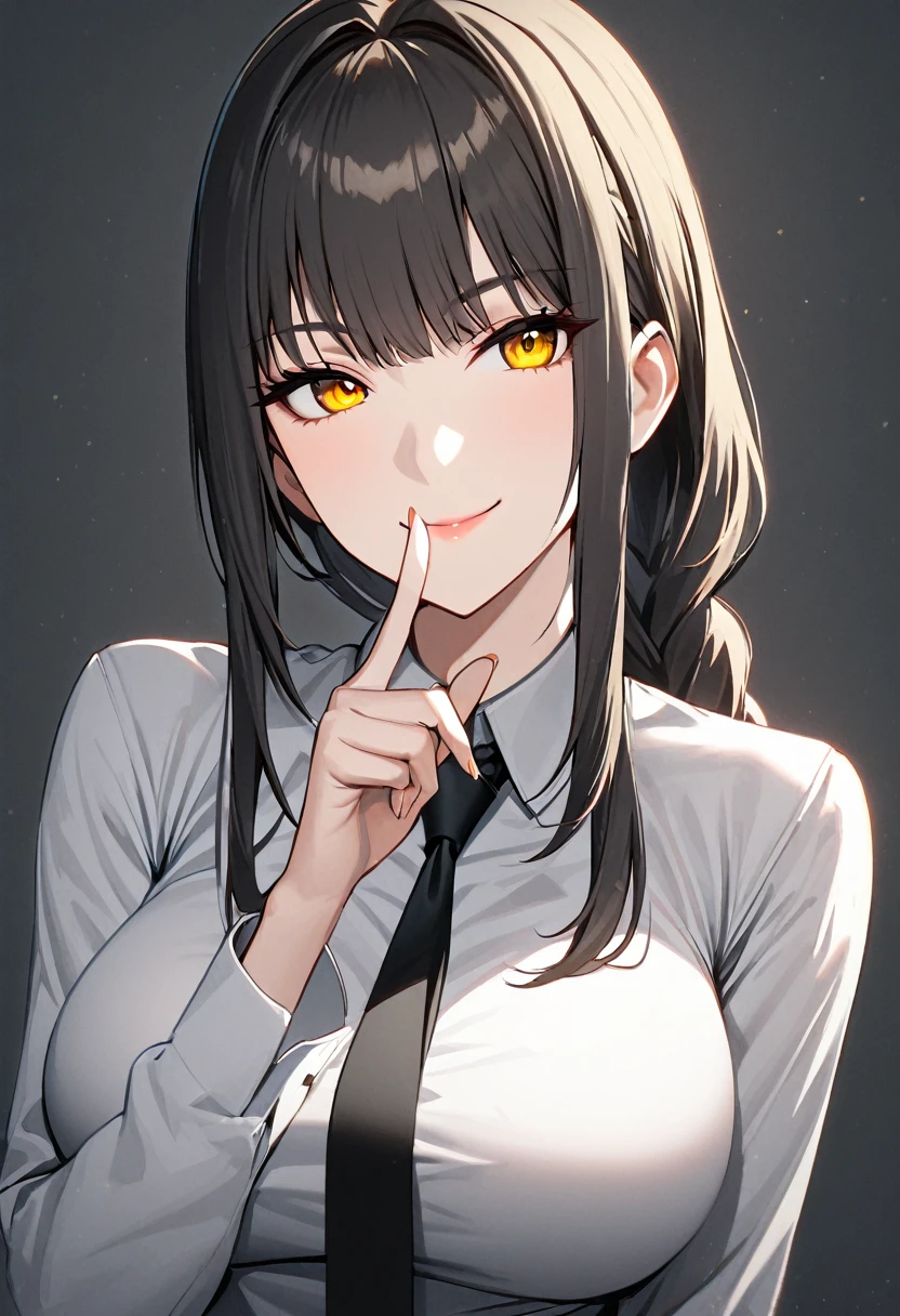 1girl, solo, long hair, breasts, looking at viewer, smile, bangs, black pants, large breasts, shirt, long sleeves, yellow eyes, white shirt, braid, black necktie, index finger raised, finger to mouth, sidelocks, portrait
