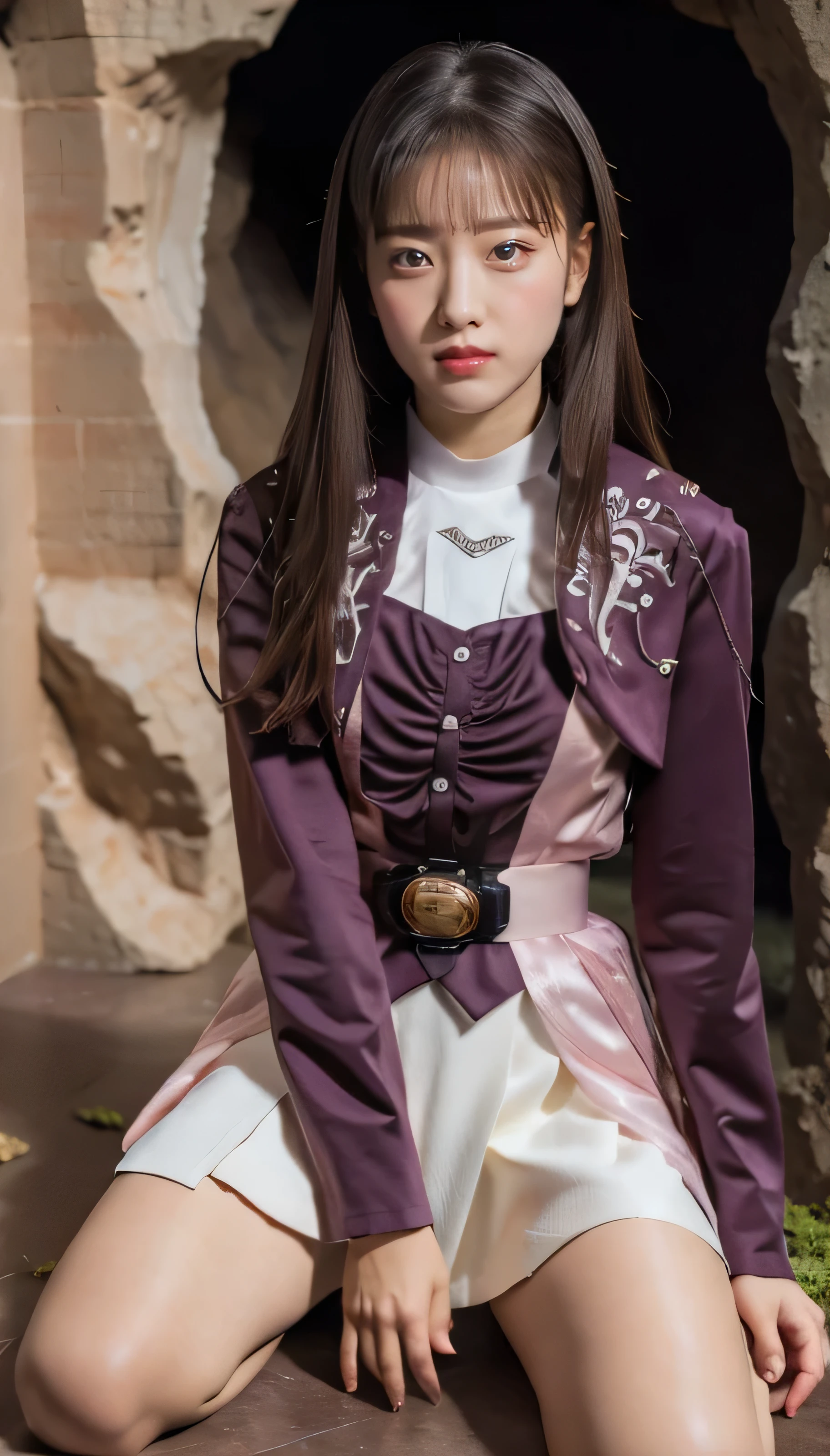 (High-definition CG), (  highest quality),((  Front View  )),(( In a dark cave)), (( Sit on the floor  )), (( Place your hands on your crotch )),((1girl )),  perfect face,    Shiny Skin,   wide hips ,   thin waist, May, purple bolero jacket with tentacles clinging to arms,white culotte skirt,  Long Sleeve  , Pink Belt,Brown Hair,  straight hair,((Frightened expression)),