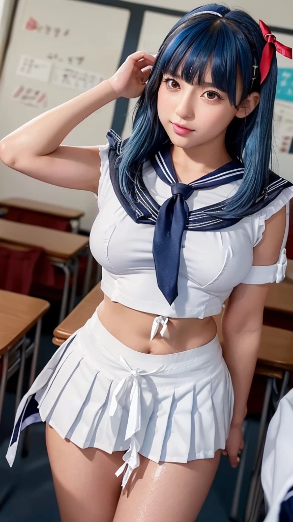 See-through sailor suit、Transparent nipples、Big Tits、Sheer skirt、Leaning forward、classroom、School、Light blue hair