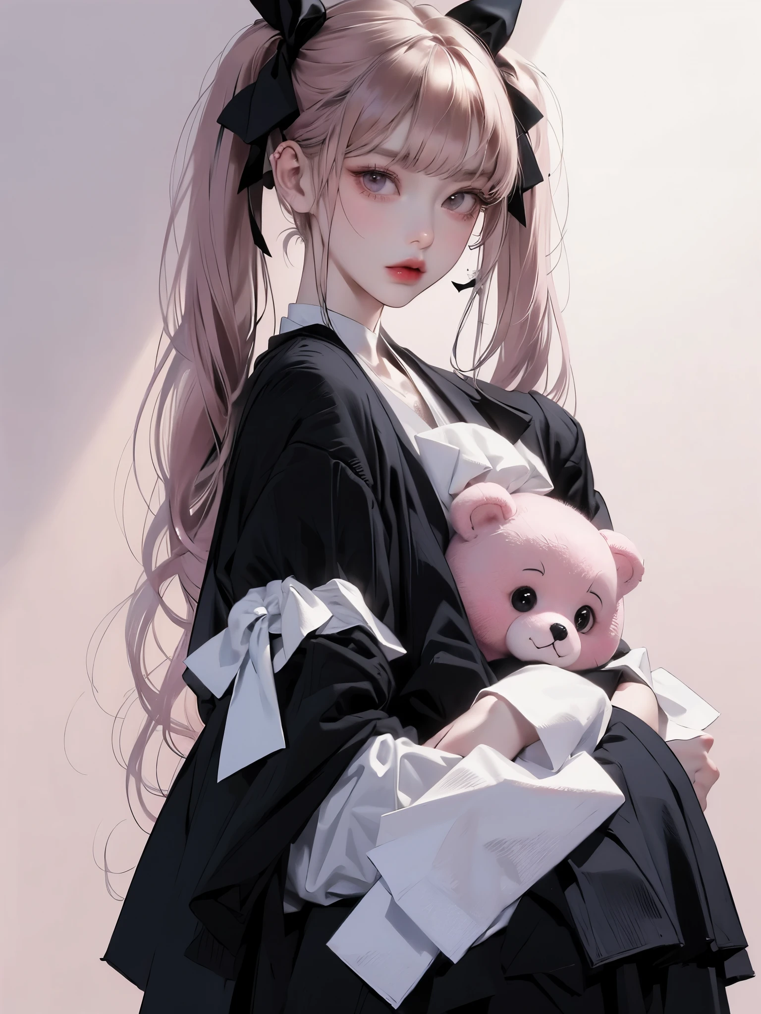 masterpiece, cute、 girl、Pink Hair、upper body、Big ribbon、LOL、Hug a stuffed animal、 twin tails