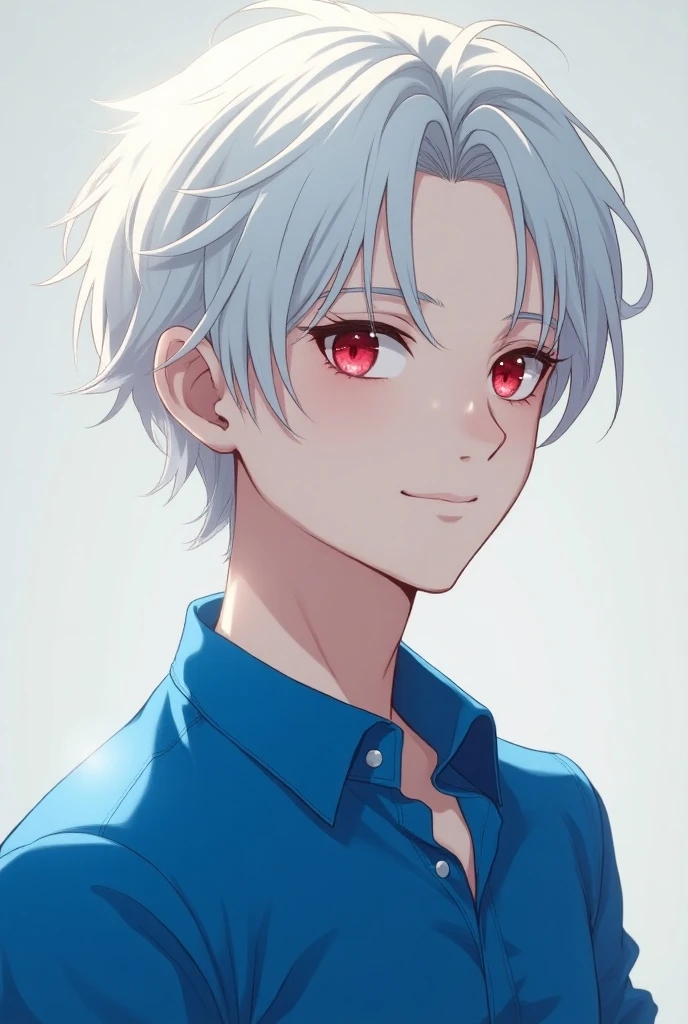A handsome anime boy with red eyes and white hair and wearing a blue ...