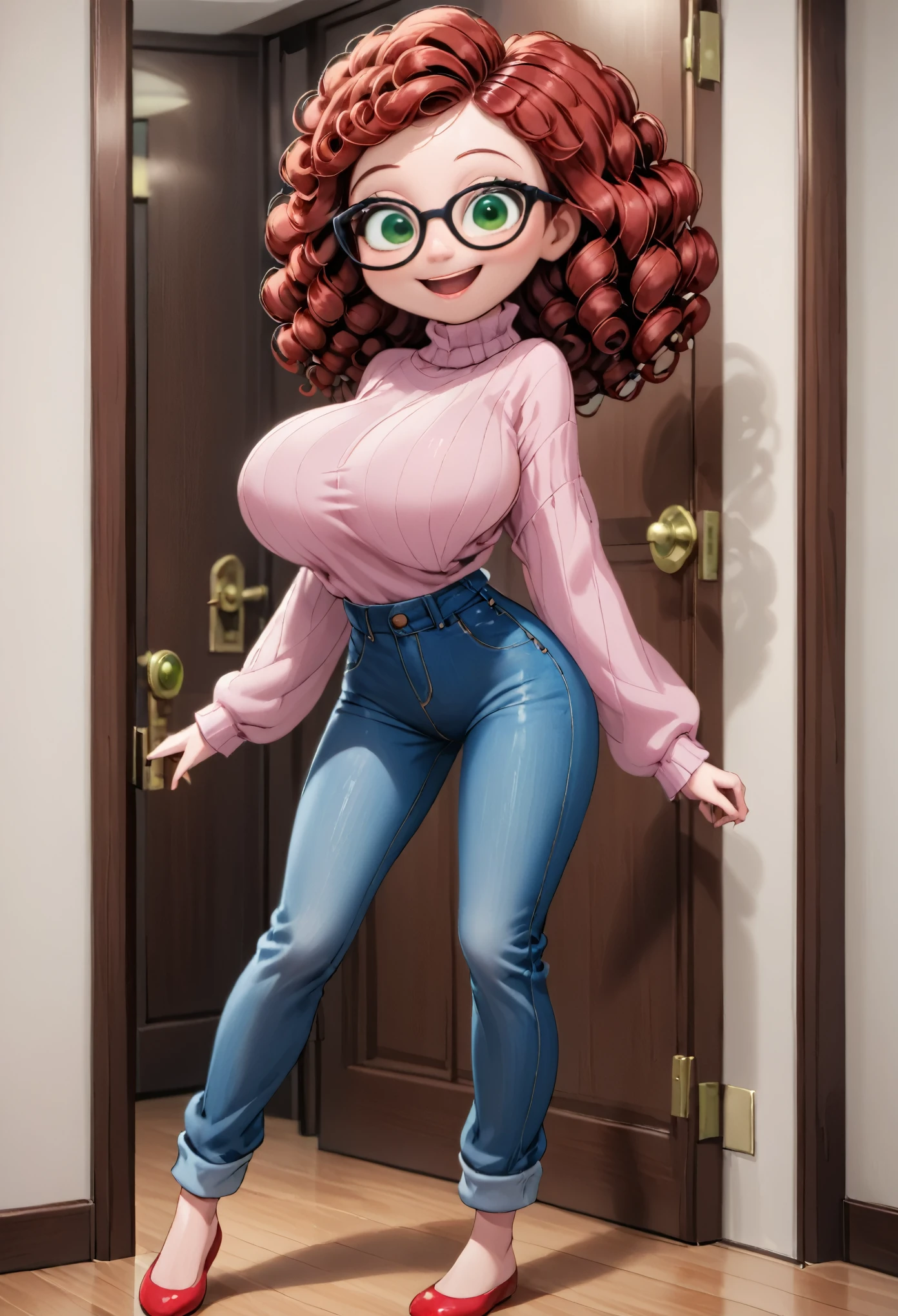 Young girl, very tall, full body, (solo 0.6), red curly hair, back length hair, green eyes, open mouth smile, slender body, thin waist, colossal breasts, indoors, black glasses, pink turtleneck sweater, denim jeans, oversized sweater, opening door, (disney pixar style 0.7)