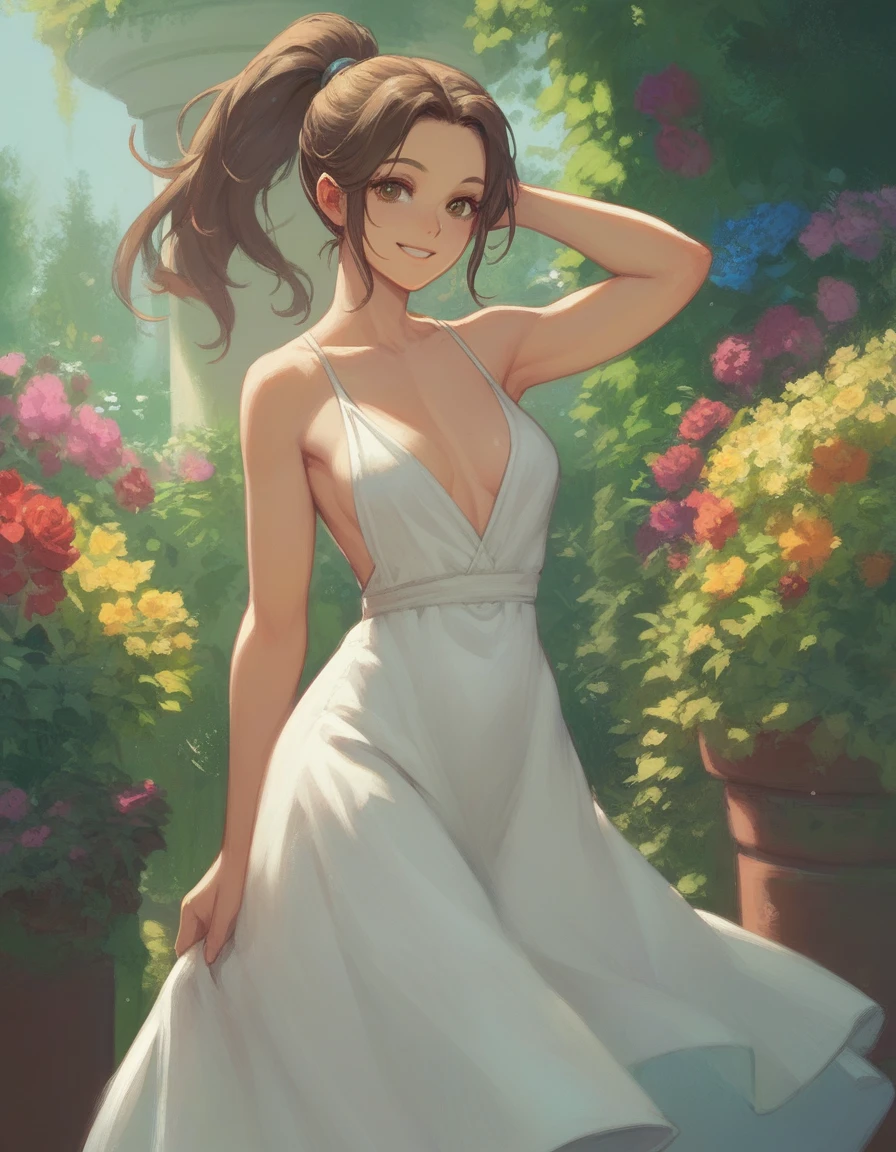 score_9, score_8_up, score_7_up, gsfghtr, ponytail hair, Slip Dress, 1girl, smile, Flower Garden with an Archway, armpit