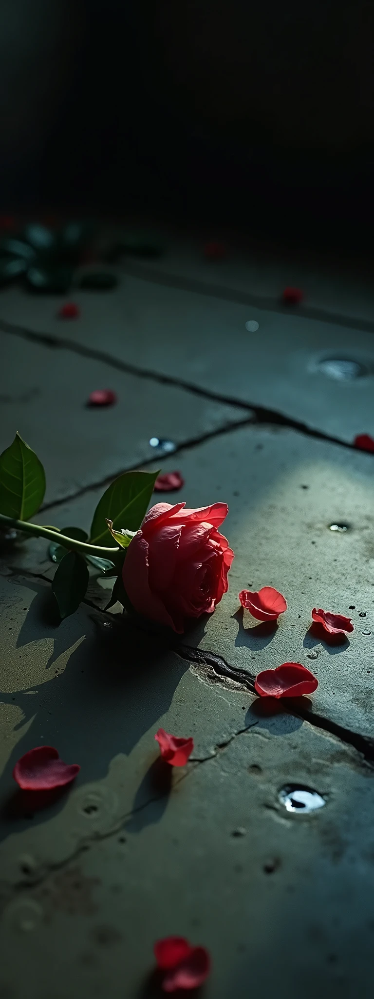 In the darkness, a tattered and withered and scattered and color faded single rose is strewn on the tattered concrete floor, a beautiful light very faintly illuminates the rose gently in the darkness.There is a feeling that something has ended. A lonely atmosphere. A quiet atmosphere.A scene that appeals to the heart of a moving film.