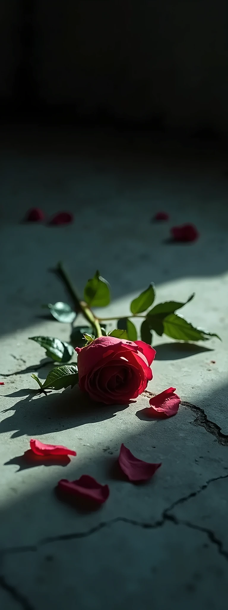 In the darkness, a tattered and withered and scattered single rose is placed, faint beautiful light illuminates the rose beautifully. Feel something has ended. lonely atmosphere. quiet atmosphere. scene of a moving film appeals to the heart.