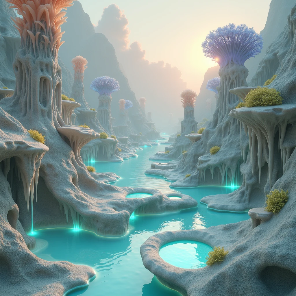 Cinematic shot of an alien landscape of tiered, sponge-like basins ...