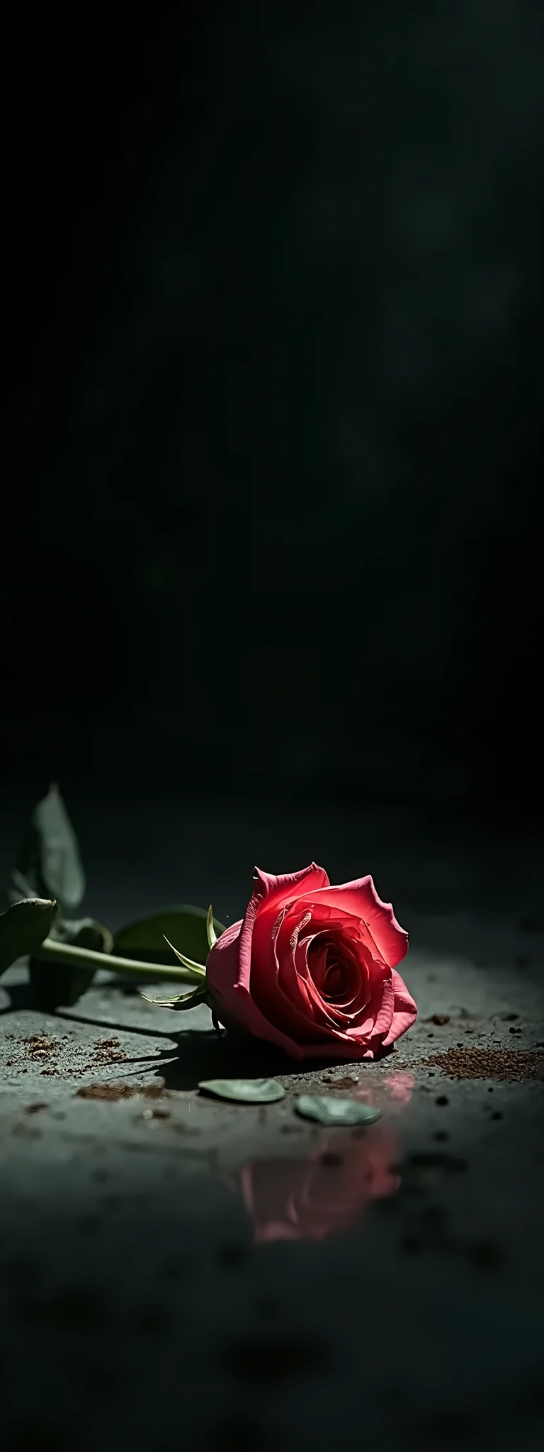 In the darkness, a tattered and withered and scattered single rose is placed, faint beautiful light illuminates the rose beautifully. Feel something has ended. lonely atmosphere. quiet atmosphere. scene of a moving film appeals to the heart.