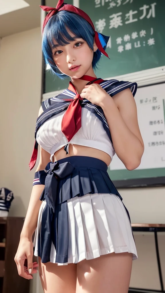((One Girl:1.4)),(masterpiece, Highest quality), ayanami,Are standing,((Looking into the camera)),(((Blue Hair)))、(((Berry Short))),(((I can see your chest))),(Nipples are visible), Leiayanami, Rei Ayanami, whole body、I can see your thighs、classroom、Sit on a chair、
blue dress, mini skirt、dress, neck ribbon, pinafore dress, ((red ribbon)),ribbon, , Short sleeve, short-sleeved sweater, sweater,