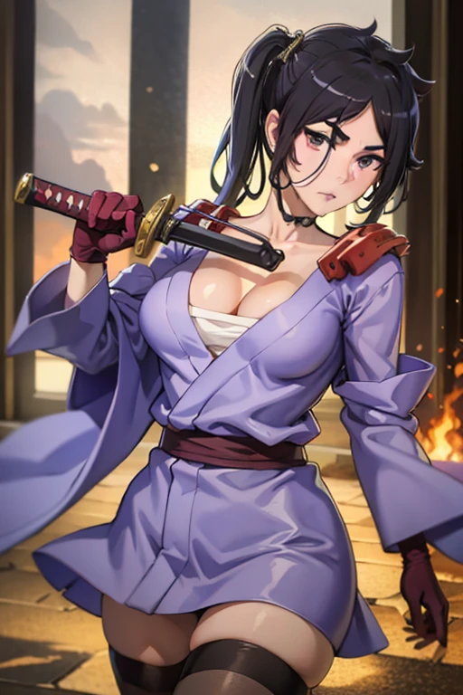 Best Quality, 4K, ((masterpiece)),  extremely detailed, 8k, ArtStation, Complex,  high detail,  sharp concentration,
 1 girl, Alone, arms, sword,  Black Hair ,  side ponytail , katana,  kimono,  shoulder armor, Black knee-highs, kimono, Gloves,sheath,Exposing,  watching ,  purple eyes, Absolute territory,  cowboy shot,