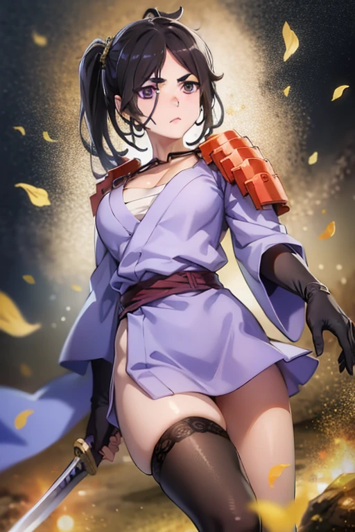 Best Quality, 4K, ((masterpiece)),  extremely detailed, 8k, ArtStation, Complex,  high detail,  sharp concentration,
 1 girl, Alone, arms, sword,  Black Hair ,  side ponytail , katana,  kimono,  shoulder armor, Black knee-highs, kimono, Gloves,sheath,Exposing,  watching ,  purple eyes, Absolute territory,  cowboy shot,