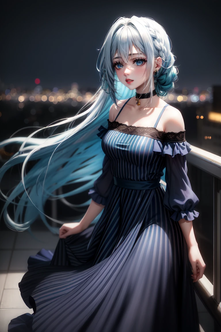 Highly detailed and realistic, soft lighting, cool tones. A girl with long, flowing hair (gradient of dark blue and teal) sways gently in the wind on a rooftop. Her hair, slightly tousled yet elegant, bathes in soft sunlight, with subtle reflections bringing out the various shades of blue. She has pale, flawless skin, soft makeup, a hint of blush, and her naturally parted lips are slightly open. She looks down and shy, exuding a calm, introspective vibe. She wears a delicate choker and a simple, dark, off-the-shoulder top, amplifying her serene, atmospheric presence.

The scene is shot from the waist up as if it were taken with a smartphone's colored lens, exuding an intimate, candid atmosphere. The background shows a rooftop, with the girl standing out against a blur of minimalist city structures. A soft breeze blows her long, wavy hair, subtly intertwined with intricate braids, highlighting her dreamy look. Her eyelashes are tinted, enhancing the overall dreamy atmosphere. A rooftop railing and a cityscape in the distance are visible, and the cool ambient light of an overcast sky creates a serene atmosphere. The overall mood is introspective and peaceful, with her multi-coloured hair contrasting beautifully against the serene urban backdrop.