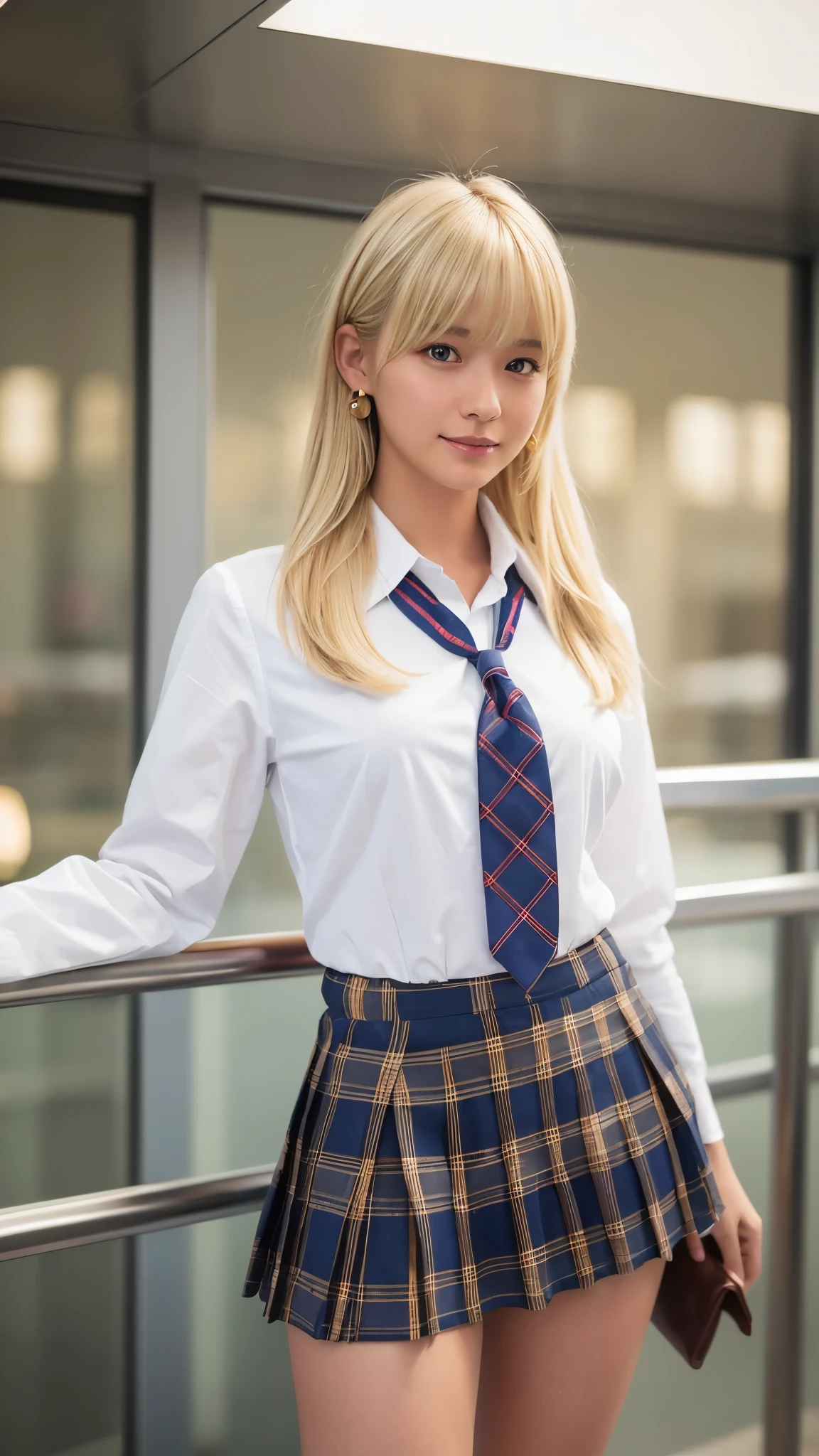 (Highest quality, 4K, 8k, High resolution, masterpiece, Genuine, Realistic, Realistic:1.3), (upper body), Girl standing in a school changingroomand touching skirt, blue neckerchief Uniform, Dark Blown Blazer, blown plaid skirt, Ear piercing, Gal Makeup, wearing white callored shirts, business suits, ((Blonde hair)), Gold Necklace、Gold Bracelets, Gold chain18--old,ngs,A small smile,Thighs, knees, From below, having pinching skirt:0.7, open legs:0.8,