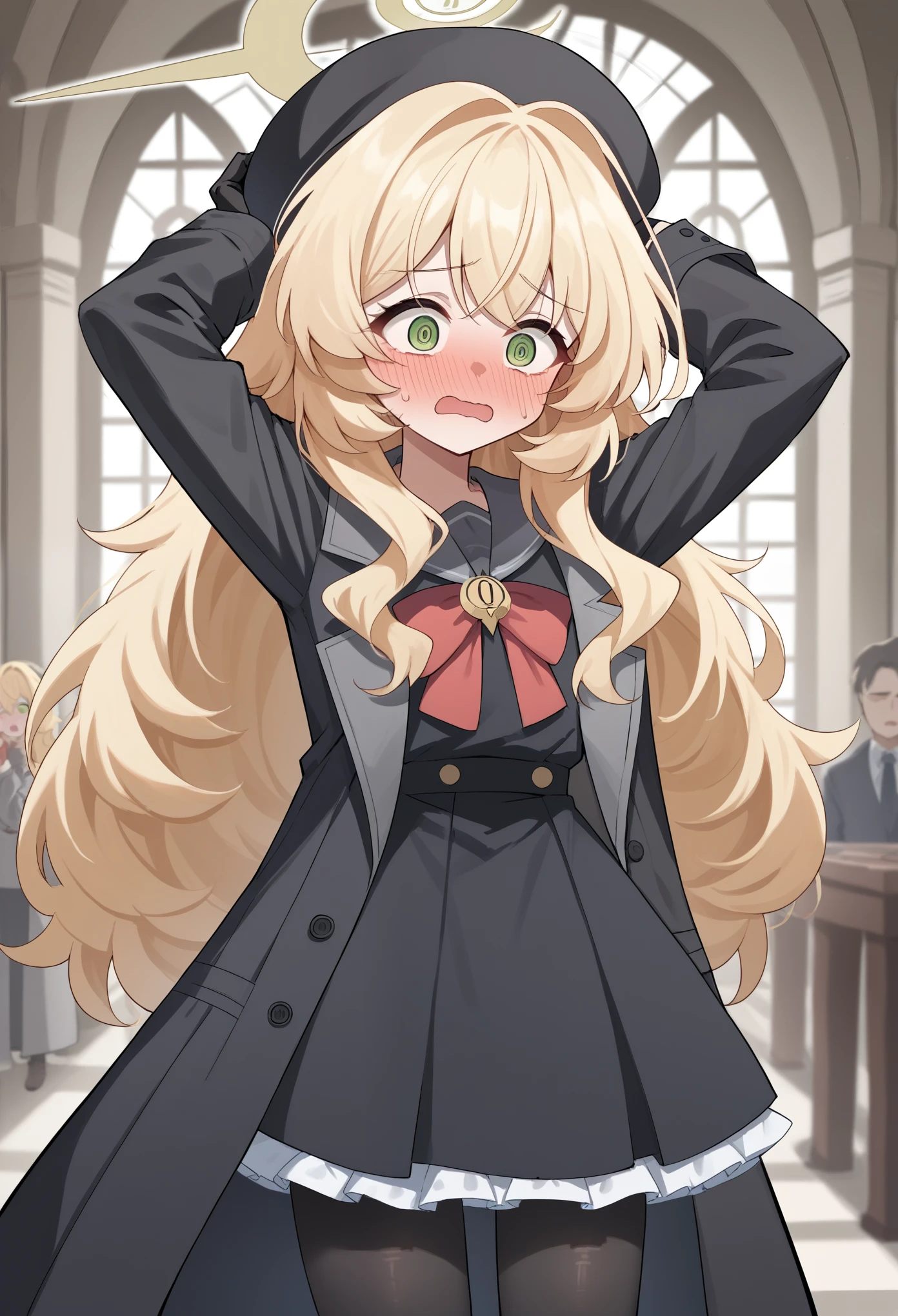 1girl, halo, long hair, messy hair, sidelocks, blonde hair, serafuku, ribbon, brooch, coat, frills, hat, gloves, pantyhose, green eyes, surprised, arms up, hands up, embarrassed, blushing, @_@, indoors, mansion, cowboy shot score_9, score_8_up, score_7_up, score_6_up, score_5_up, score_4_up, BREAK source_anime, masterpiece