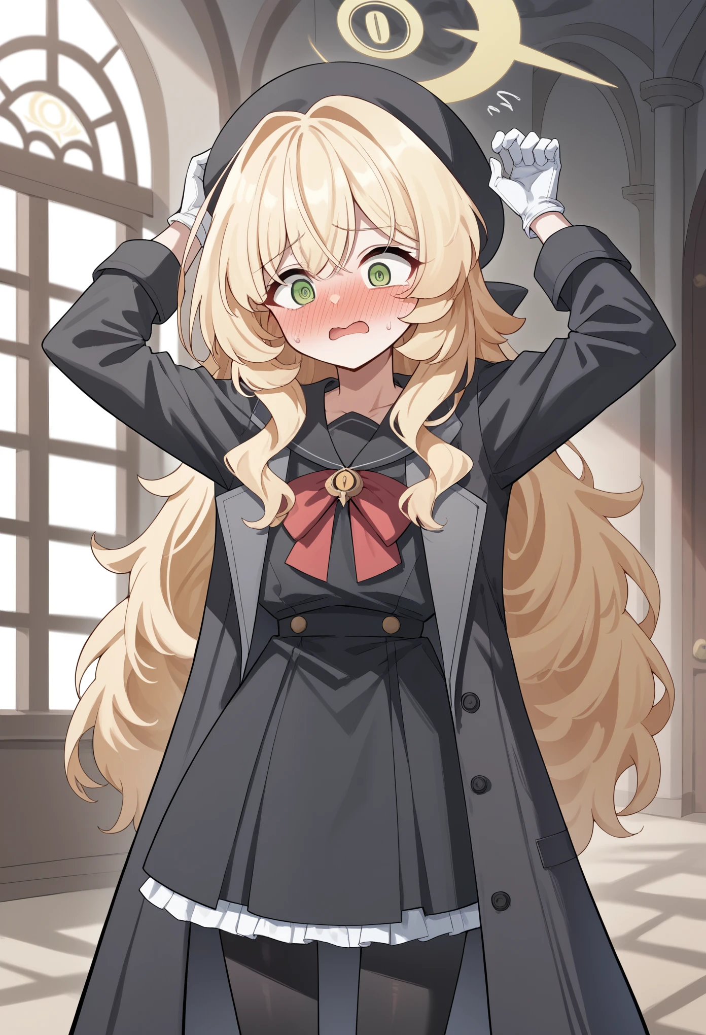 1girl, halo, long hair, messy hair, sidelocks, blonde hair, serafuku, ribbon, brooch, coat, frills, hat, gloves, pantyhose, green eyes, surprised, arms up, hands up, embarrassed, blushing, @_@, indoors, mansion, cowboy shot score_9, score_8_up, score_7_up, score_6_up, score_5_up, score_4_up, BREAK source_anime, masterpiece