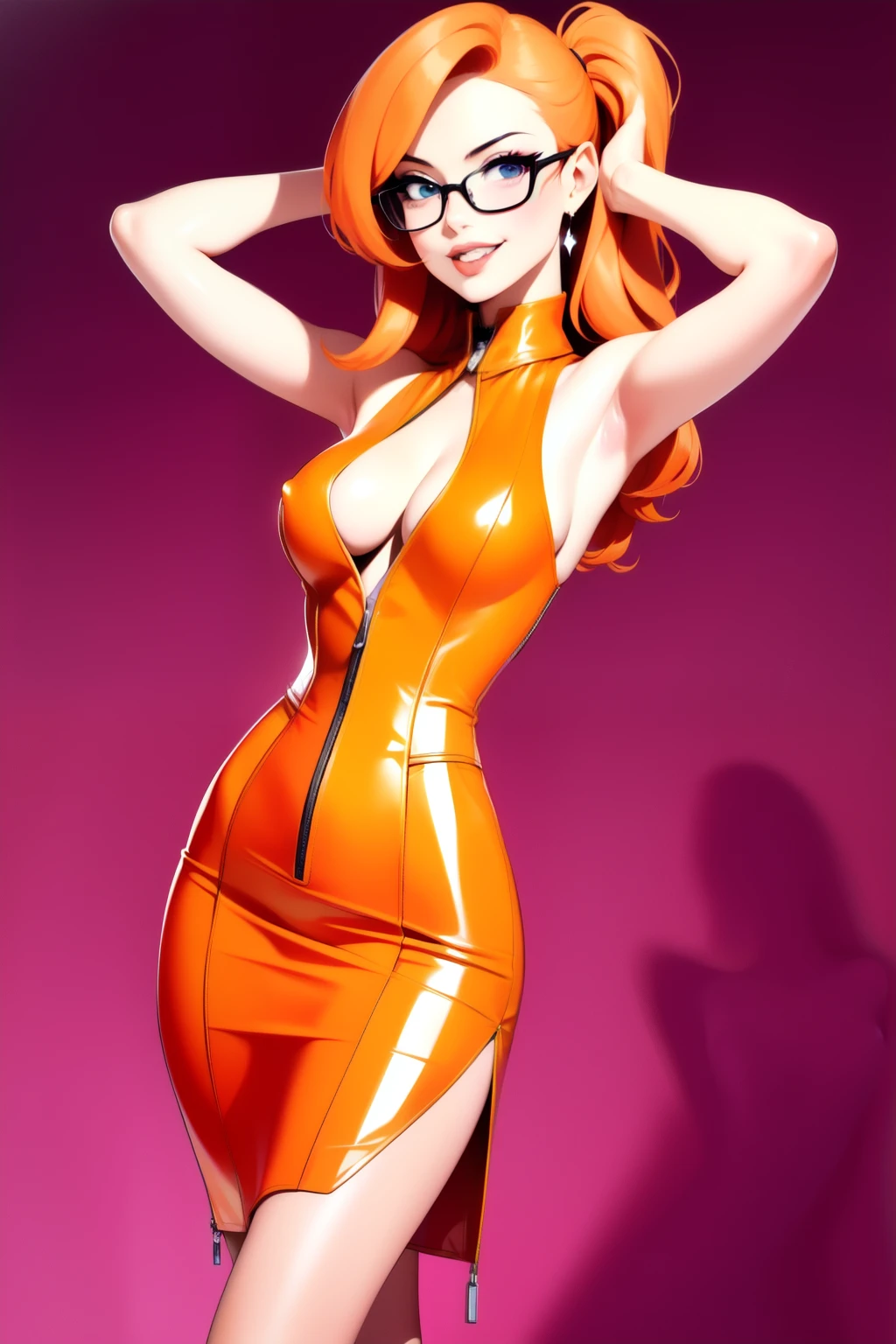 anime artwork 1girl, solo,   dr3ss, dark orange dress, (sleeveless) full collar, (center opening:1.2) unzipped, large breasts, breasts apart,   high quality, best quality, highres, high detail, (cel shading, lineart) (art by Osamu Tezuka) 1980s-themed costume , iconic movie characters, vibrant dance floor, nostalgic hits blaring, playful impersonations, laughter, a night of escapism Rose trim semi-rimless eyewear,  . anime style, key visual, vibrant, studio anime,  highly detailed