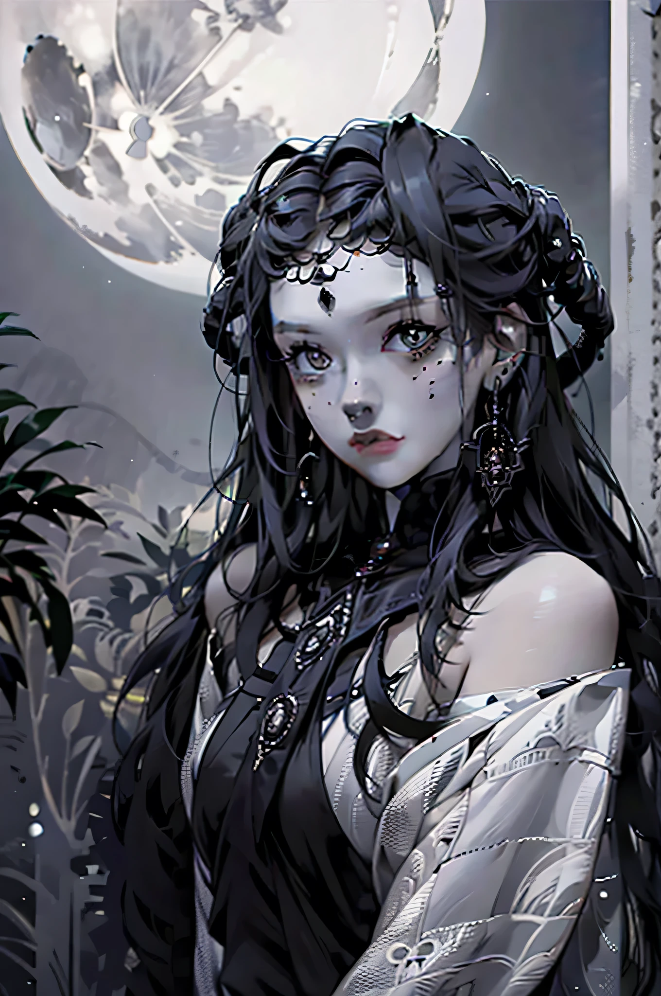 a woman with a crescent over her head , 1girl, solo, long hair, monochrome, upper body, greyscale, lips, night, moon, crescent moon , witch_style