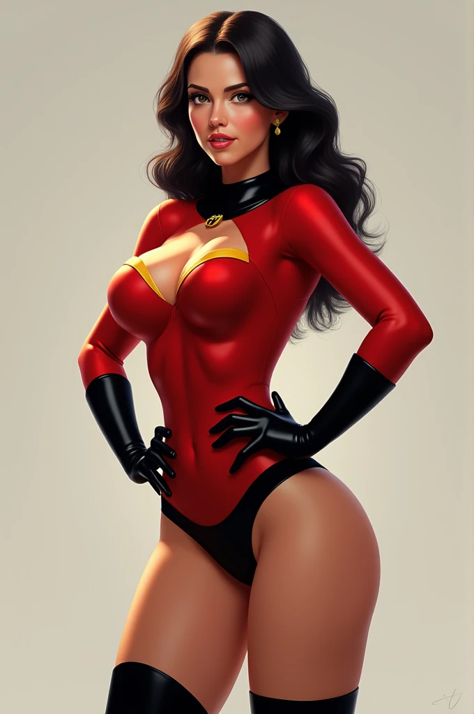 Melhor qualidade, 8k, mulher,straight black hair,linda,big fake eyelashes,looking to observer,little smile,cleavage,shiny red latex leotard over suntan shiny bodystocking,flying over white neutral scenario